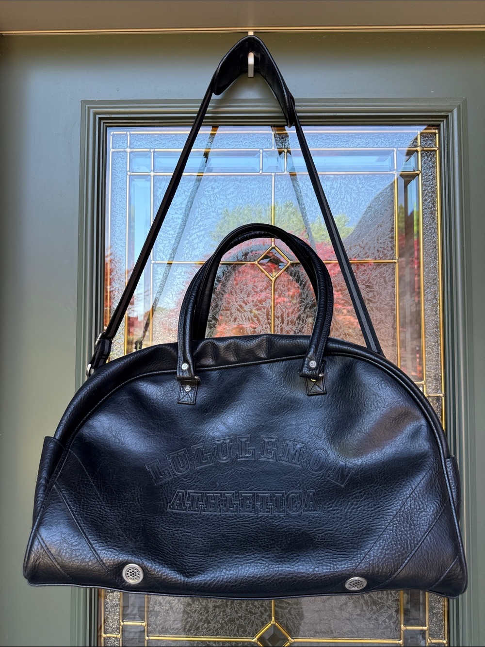 lululemon athletica Black Faux Leather Duffel with Striped Shoulder Strap, EUC!! - Picture 7 of 16